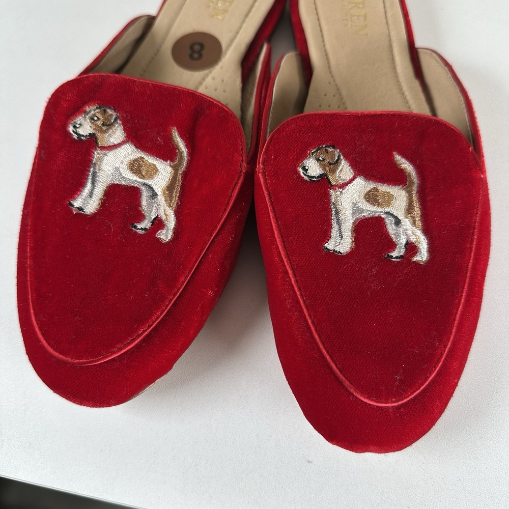 NEW Lauren Ralph Lauren Alaina Dogs Red Velvet Embroidered Mules Womens 8B Flats - Picture 3 of 7